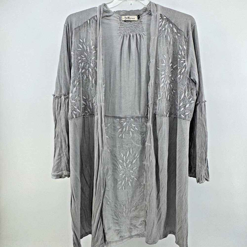 Cardigan Womens Medium Grey Floral Embroidered Mesh Open Front Longline Boho
